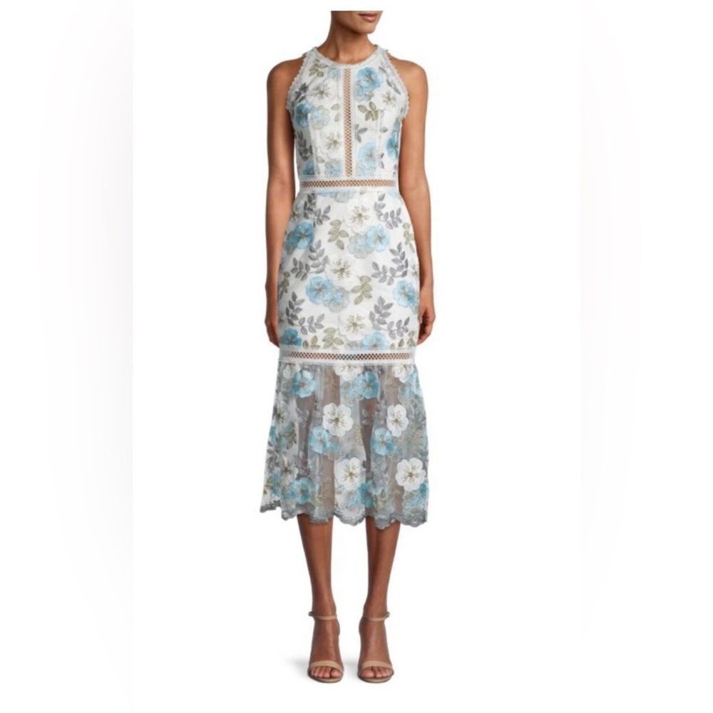 Bronx and Banco Penelope Floral Lace Midi Dress Size XS White - Blue flowers